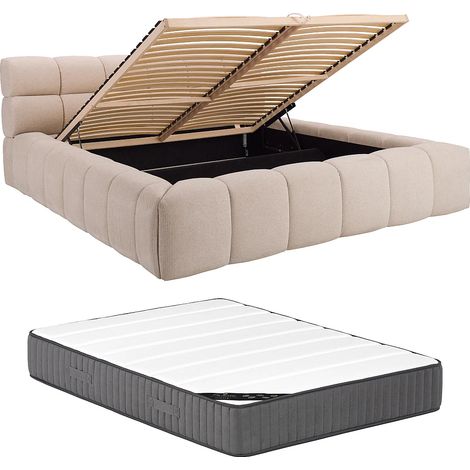 Letto con contenitore 200 x 200 cm Tessuto Beige + Materasso - FORVIK (1/5)
