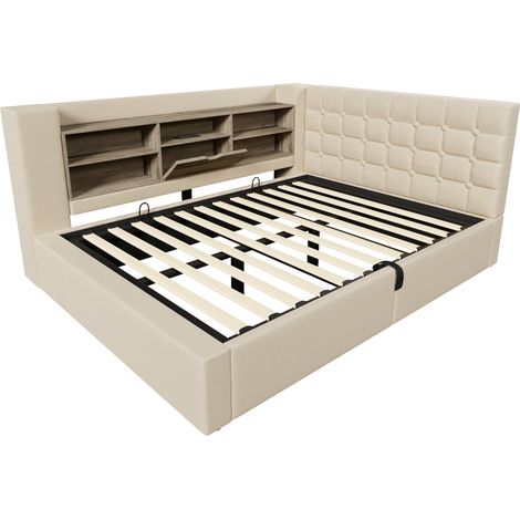 Cama con almacenamiento 140x190 cm con LED, cabecero en L reversible, lino beige, MODENUIT (1/5)