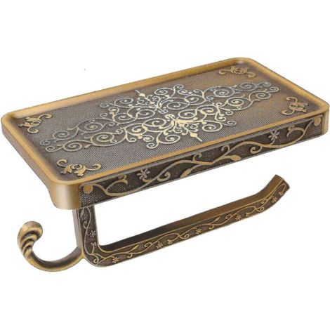 Wandmontierter Toilettenpapierhalter mit Telefonablage, rostfreier Toilettenpapierspender aus Aluminium (Antikmessing), Gold (1/4)