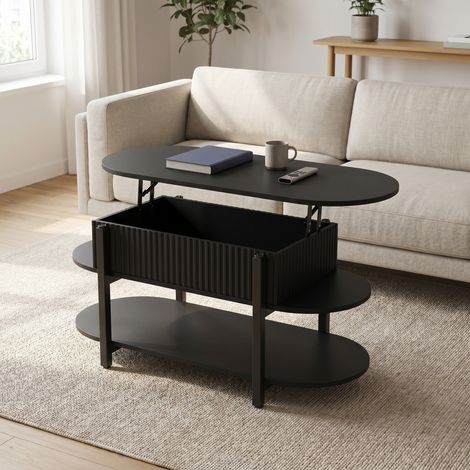 Couchtisch Höhenverstellbar 106 cm, Kaffeetisch mit Stauraum und Liftfunktion, Holz und Metall Beistelltisch, Moderner Wohnzimmertisch, Schwarz (1/5)