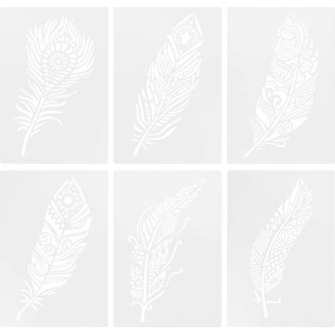 Lot de 6 pochoirs à motifs de plumes en plastique pour la peinture murale, sur bois ou toile.-26X18cm (1/4)