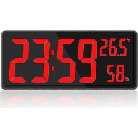 Horloge numérique grand format, grande horloge murale numérique avec affichage de la température et de l'humidité, horloge murale numérique à chiffres LED pour chambre, bureau, rouge (1/5)