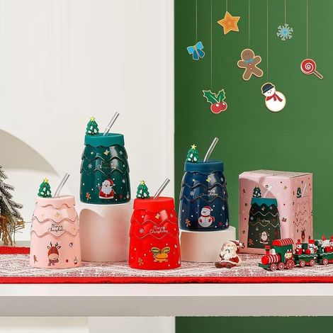 Tasse de Noël en céramique avec paille et couvercle - forme de sapin de Noël 3D - Tasse à café - Cadeau pour Noël, Nouvel An, anniversaire - Bleu (1/4)