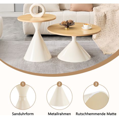 Set de 2 tables basses côniques, plateau mélaminé aspect bois, piètement métal crème, empilables gain de place, parfait pour salon, chambre et bureau. (1/3)