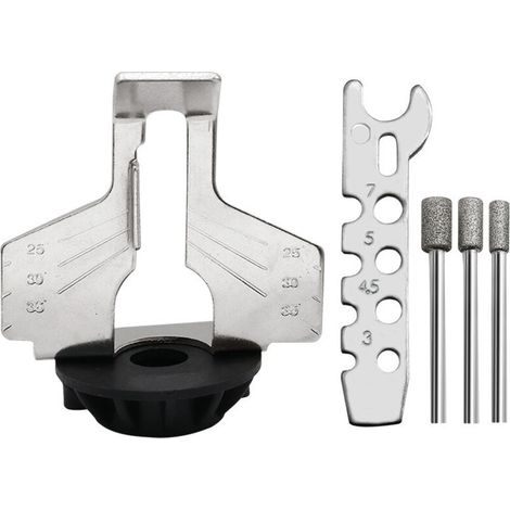 Juego de 5 accesorios para afilar motosierras: herramienta de pulido, guía de perforación, adaptador de cabezal, regla, herramienta rotativa (1/5)