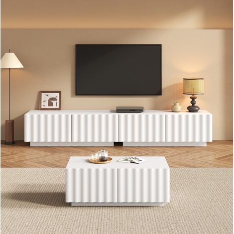 Conjunto de salón 200x40x35 cm + 100x50x40 cm blanco en MDF y tablero de partículas con patrón ondulado y cajones (1/5)