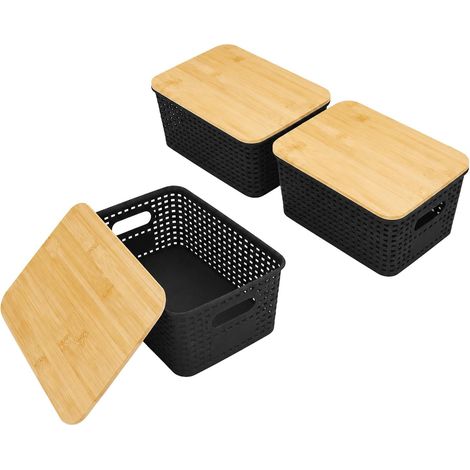 Lot de 3 Boîtes de Rangement avec Couvercles en Bambou, Boîte Empilable, Avec Poignée, Paniers Imitation Rotin, En Plastique, 26x18,5x10,5cm, pour Armoires, Placards et Maison(Noir) (1/5)