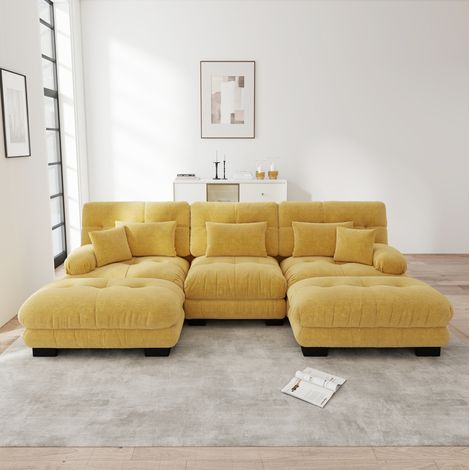 Sofá modular rinconera 313/145/81 cm en chenilla amarilla con otomanas móviles, asiento profundo y confort envolvente (1/5)