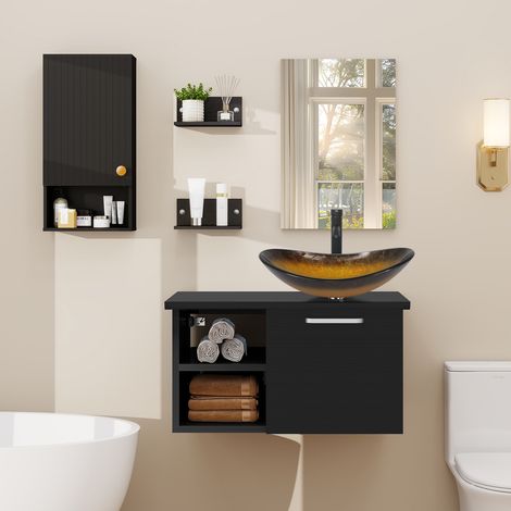 Puluomis Ensemble de meuble-lavabo, meuble mural - vasque, meuble mural à rayures noires, meuble-lavabo en bois noir - avec miroir, vasque -robinet, Lavabo à motif doré, ensemble de salle de bain (1/5)