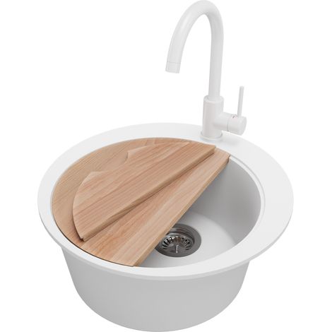 PRIMAGRAN Evier cuisine Granit Rond 50x50cm, Evier 1 bac + Robinet 32x20cm + Kit de Vidage + Planche à Découper, Lavabo Cuisine au meuble 45cm - Pise, Blanc (1/5)
