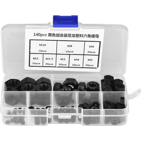 140 Stück Nylon-Sechskantmuttern M2 bis M10, verschiedene schwarze Kunststoffschrauben (1/5)
