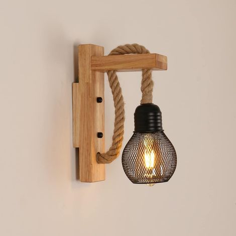 Applique Murale Industrielle Vintage, Lampe Murale en Bois Rustique Rétro, Abat-Jour en Cage en Métal Noir, Applique Murale Intérieure Bois en Corde de Chanvre pour Chambre, Salon (Sans Ampoules) (1/5)