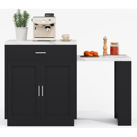 Îlot de cuisine avec table extensible pour 2 à 6 personnes, rangements intégrés, prises USB, MDF noir et effet marbre blanc - CHICFURN (1/5)