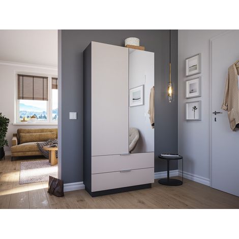 Schuhschrank Castello-L 90/180cm, mit Spiegeltür 2 Softeinzüge Creme-Grafit
