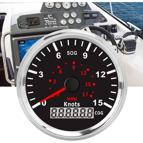 Compteur de vitesse GPS numérique 85 mm pour voiture/odomètre marin 0-17 MPH 15 nœuds (Fond noir, cadre argenté) (1/5)