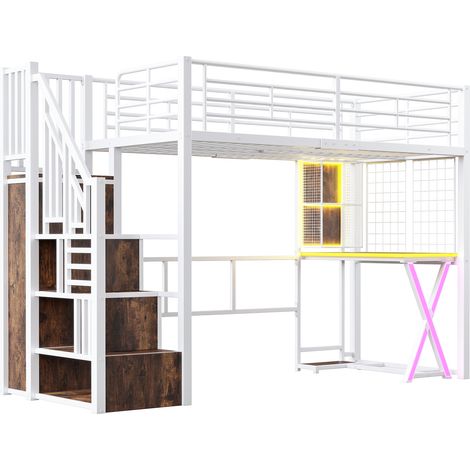 Hochbett 90 x 200 cm aus Metall und MDF mit LED, Schreibtisch, Schrank, Regalen, weiß (1/5)