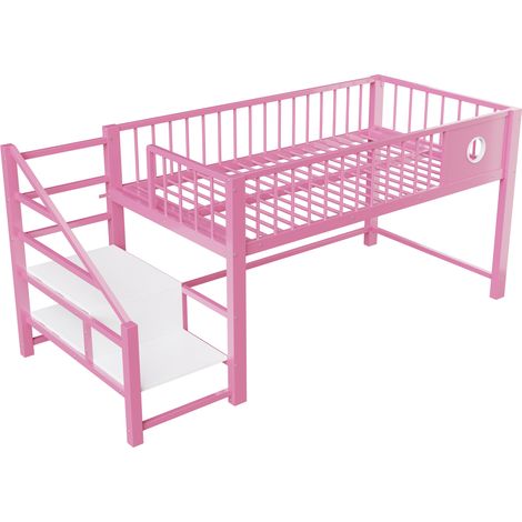 CAIziLit mezzanine bas métal 90x200 cm, échelle rangement, rose (1/5)