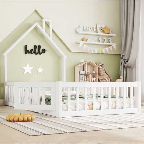Lit cabane enfant 90x200 cm en bois blanc, gain de place pour chambre, sans matelas FloraGrace (1/5)