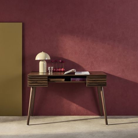 Bureau décor bois 2 tiroirs MADERE noyer. 1 casier. façade rainurées. 120 x 55 x 76.5 cm (1/5)