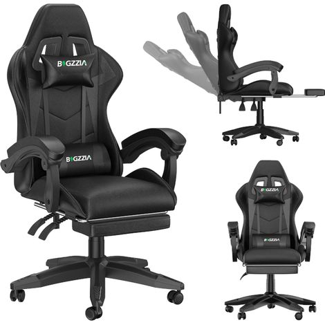 Vedio Gaming Chair with footrest, BIGZZIA Gamer Chairs with Lumbar Cushion + Headrest, black (1/5)