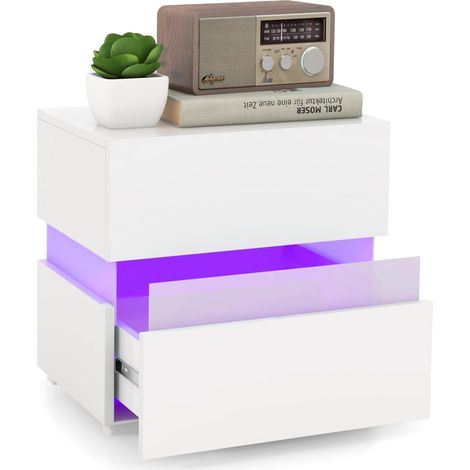 COSTWAY Mesita de Noche LED con Cajones, Mesilla de Noche con Control Remoto y 22 Modos Dinámicos, 10 Niveles de Velocidad, 5 Niveles de Brillo, Mesilla Auxiliar Moderna para Salon Dormitorio (Blanco) (1/5)