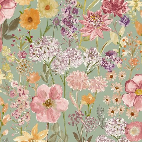 Wildflowers Sage Wallpaper Pink Floral Hand Painted Effect Smooth Matte Finish (1/4)