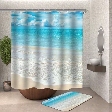 Anti Moisissure, 3D Impression Polyester Imperméable Rideaux de Salle de Bain avec 12 Crochets pour Décorations (Eau de mer,120x180cm) (1/4)