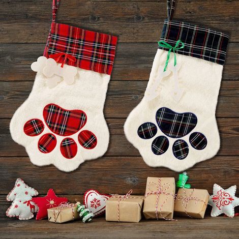 Lot de 2 bas de Noël à motifs de pattes, à suspendre pour les animaux de compagnie et pour décorer Noël. (1/5)