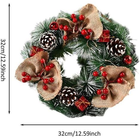 Couronne de Noël pré-éclairée pour l'extérieur  Couronne faite à la main avec feuilles de sapin artificielles, pommes de pin,[818] (1/4)