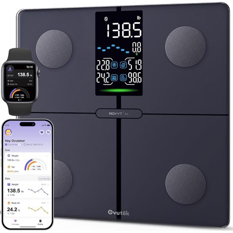 Balance Pese Personne avec 5" LED Grand Écran, 180kg/400lb, Noir Haute Précision Balance Connectée avec APP, Mesure 14 Données Corporelles pour Fitness-Tracking, 180kg/400lb, IMC (1/5)