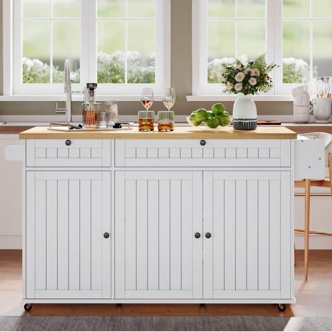 Îlot de cuisine 137x70x89.5 cm blanc et naturel en MDF avec plateau rabattable, rangements et roulettes verrouillables (1/5)
