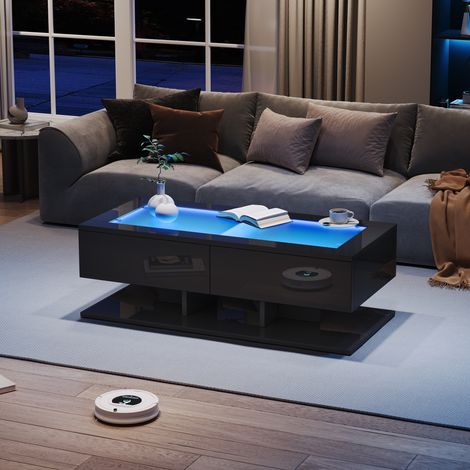 Table salon LED 2 tiroirs verre noir 100 cm OKMYHOME (1/5)