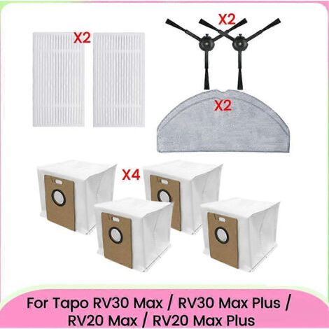 Lot de 10 pièces pour aspirateur Tapo RV30 Max / RV30 Max Plus / RV20 Max / RV20 Max Plus : filtres, lingettes de nettoyage, brosse latérale et sacs à poussière.