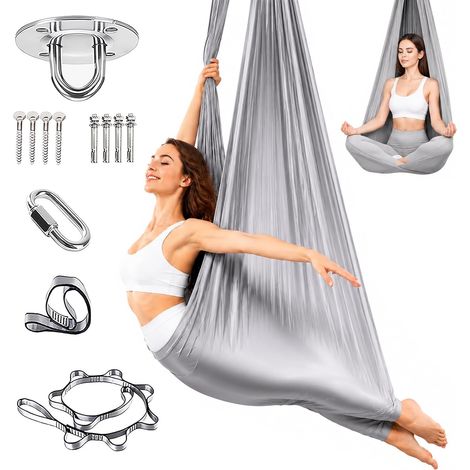 Hamac de Yoga Aérien 200kg , Tissu Yoga Suspendu avec Mousqueton & Sangle, Anti-gravité pour Maison & Jardin , Débutant – Gris 150x280cm (1/5)