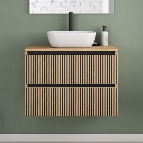 Meuble de salle de bain 60cm avec plateau et vasque à poser arrondie - 2 tiroirs - sans miroir - roble era (chêne clair) - VENERIA