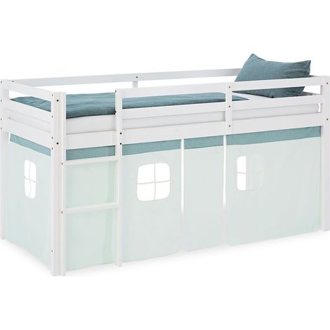 Cama alta con somier de láminas 90x200cm con escalera de madera lacada en blanco y lona verde menta incluida colchón no incluido LIT06245 (1/5)