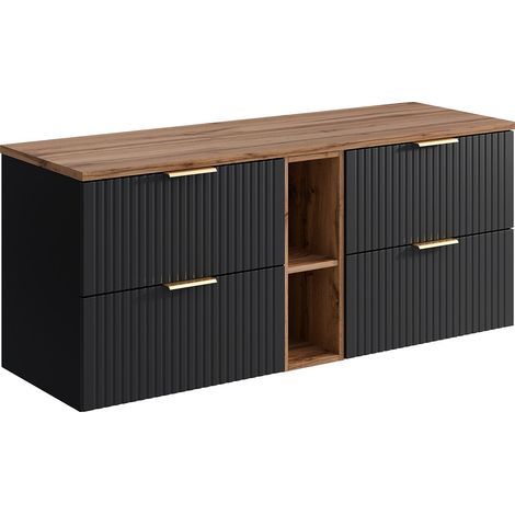 Mobile sotto lavabo sospeso scanalato con nicchie L140 cm Nero e naturale chiaro - ZEVARA (1/4)