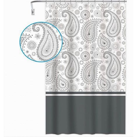 Cleafe - Tenda Doccia Vasca Bagno 12 Anelli 240x200cm Motivo Paisley Etnico Grigio 87582 - (1/5)