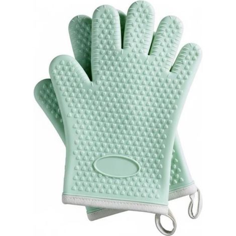 Gants De Cuisine - 5 Doigts - Protection Thermique Jusqu'à 250 °C - Pour Four Et Micro-ondes - Vert Clair - Lot De 2 (1/3)