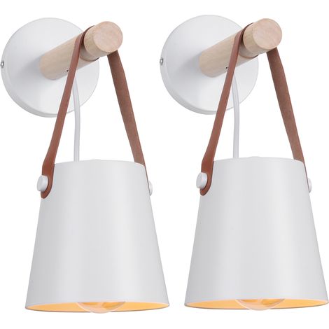 2PCS Lampada da Parete LED Industriale in Metallo Legno Applique da Parete Interiore con Abat-jour Sospensione E27 per Camera, Salotti, Caffè - Bianca (1/5)