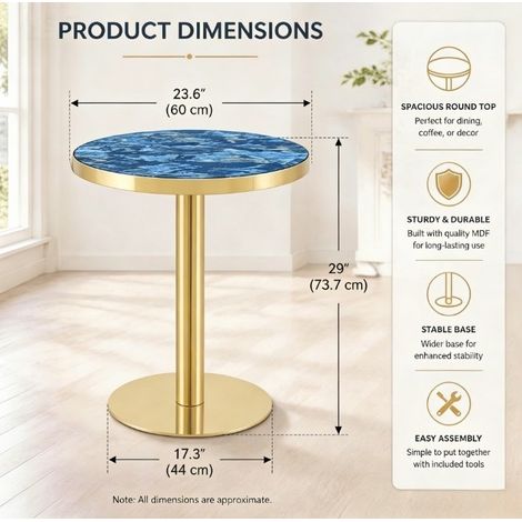 Table d'appoint ronde 60x60x73.7 cm bleue en MDF et métal avec effet marbre et bord doré (1/5)