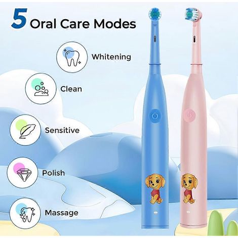Brosse à dents électrique rotative pour enfants, 4 têtes de brosse, poils souples, pour une utilisation à domicile, pour le nettoyage et le soin des dents, rose. (1/5)