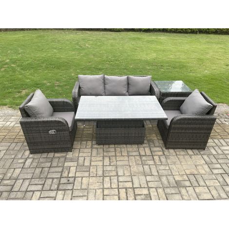 Fimous Wicker PE Rattan Outdoor Garden Furniture Set Height Adjustable Rising lifting Dining Table With Armchair Side Table (1/5)