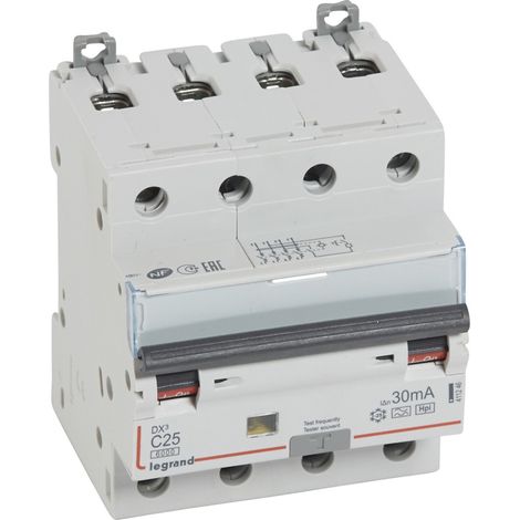 Disjoncteur différentiel monobloc DX3 10kA arrivée haute départ bas à vis 4 Pôles 400V 25A Type F 30mA LEGRAND 411246 (1/2)