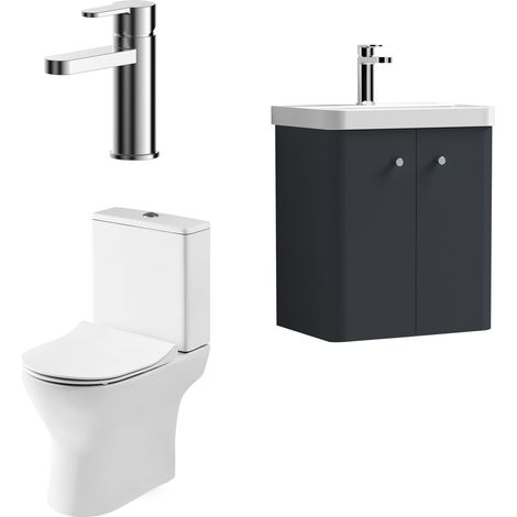 Nuie Core Cloakroom Set Wall Hung Vanity Unit Curve 500mm Basin Tap WC Satin Anthracite