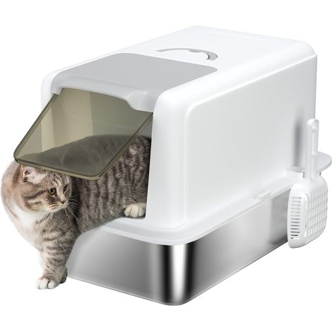Katzentoilette, Wanne aus Edelstahl, Filter, Schaufel, für Katzen bis 6 kg, 40,5 x 60,5 x 41,5 cm, Weiß/Silber