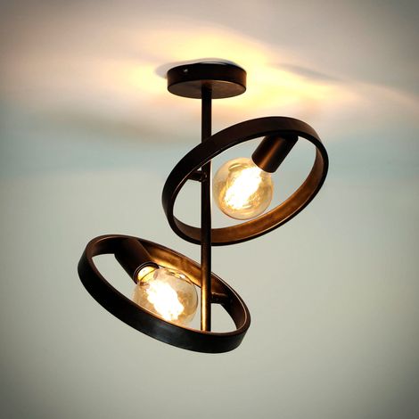 Plafonnier 2 lampes rondes en métal gris foncé avec ampoules - AMP