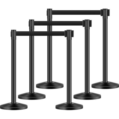 Poteau de guidage, 6 pcs, barrière de balisage pour contrôle de foules, avec base creuse, sangle rétractable noire et poteaux noirs en acier au carbone, pour théâtre, fête, mariage, exposition (1/5)