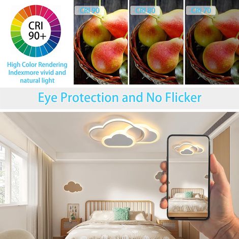 Plafonnier LED 42 cm avec applique murale en bois motif nuage, 3000 K, idéal pour les chambres d'enfants et les chambres à coucher. (1/4)
