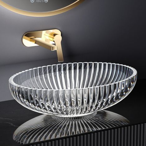 EMKE Lavabo da appoggio in vetro ovale, lavabo in vetro trasparente, 51 x 35 x 15 cm, di alta qualità per bagno e WC degli ospiti, lavabo senza foro per rubinetto (1/5)